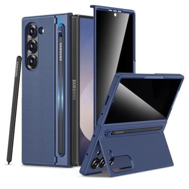 Imagem de Maxdara Capa para Samsung Z Fold 6, com compartimento para S Pen e protetor de tela de vidro temperado de privacidade e suporte oculto, suporte de carregamento sem fio para Galaxy Z Fold 6 5G, azul