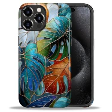 Imagem de Flivro Capa para iPhone 16 Pro, capa rígida de policarbonato e amortecedor interno de silicone, antiarranhões, à prova de impacto, design fino - Mosaico de plantas de folhas coloridas