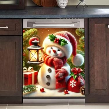 Imagem de BVBOX Capa magnética de Natal para lava-louças 58 x 66 cm, capas magnéticas reutilizáveis de geladeira, ímãs de lava-louças capa decorativa para porta de geladeira adesivos de painel (homem de neve