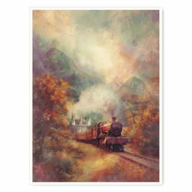 Imagem de Arte de parede de fantasia de trem de outono – Pôster ferroviário Moody com motor a vapor e castelo de montanha, impressão em tela de paisagem de outono sonhador para decoração de entrada rústica 30,5