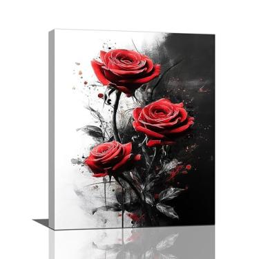 Imagem de Crekviy Arte de parede rosa vermelha preto e branco flores florais decoração de parede impressão em tela pintura arte decoração romântica para banheiro quarto sala de estar presentes emoldurados 40.6