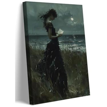 Imagem de Dark Vintage Woman Reading Book Canvas Wall Art Victorian Woman Painting Picture Wall Decor Gothic Academia Poster Print Art for Living Room Dorm Room Home Decor Ready to Hang