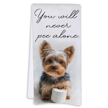 Imagem de Cabana Bro Toalhas de mão engraçadas de banheiro Yorkshire Terrier, presentes para amantes de Yorkie, você nunca vai fazer xixi sozinho Toalhas de mão engraçadas de cachorro Yorkie para decoração de