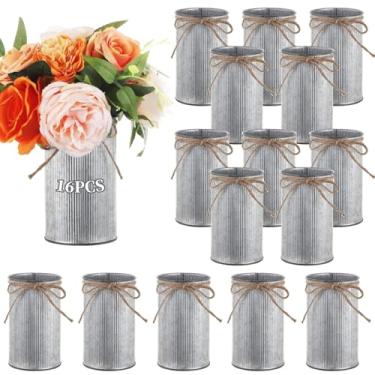Imagem de 16 vasos de flores pequenos de metal galvanizado, decoração rústica de casa de fazenda com laço de juta, textura de metal canelado antiderrapante