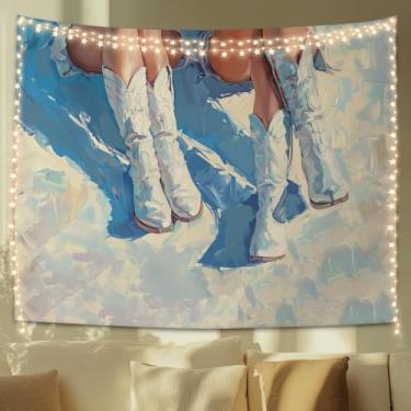 Imagem de STHTTSW Tapeçaria de vaqueira costeira, cobertor de parede de tapeçaria de praia da moda para dormitório azul, decoração de parede feminina para meninas adolescentes e mulheres, dormitório