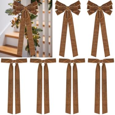 Imagem de Pacote com 6 laços de veludo de Natal de 60 x 20 cm grande de veludo para escadas de Natal laços de veludo rústicos para guirlanda de árvore e decorações de férias (6, marrom claro)