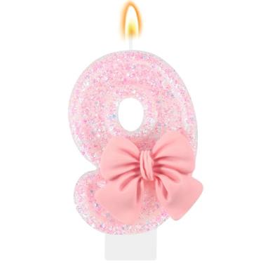 Imagem de IDIJOLI Vela de aniversário rosa com laço número 9, topo de bolo, decoração de cupcake, decorações de festa de aniversário de 9 anos, comemorações, suprimentos, lembrancinhas