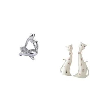 Imagem de Fenteer Estátua de Casal de Gatos Abstratos, Decoração para Mesa, Sala de Estar, Prateleira, Escritório, Sala de Jantar, Manto, Artesanato de Mesa Colecionáve
