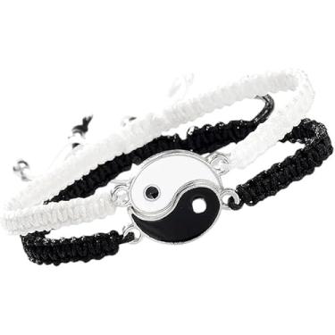 Imagem de Veloshine 2 pulseiras de amizade Yin-Yang combinando, conjunto de elos de Taiji duplo, cordão ajustável