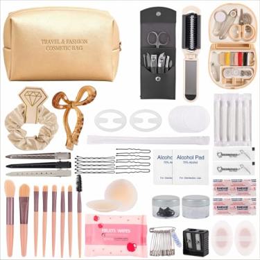 Imagem de Kit de emergência nupcial para o dia do casamento, conjunto de sobrevivência essencial de casamento para noiva em equipe, 50 peças essenciais, kit de viagem com bolsa de maquiagem (ouro)