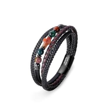 Imagem de ICEINX Pulseira masculina de couro com miçangas, pulseira trançada multicamadas com fecho fácil, presente Love You Forever para ele, 8.26inch, Couro, Sem Pedra Preciosa
