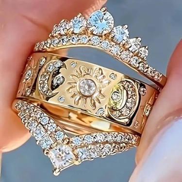 Imagem de Anel feminino de zircônia cúbica de 3 camadas com estampa vazada de sol e lua, 10, Latão, Zircônia cúbica