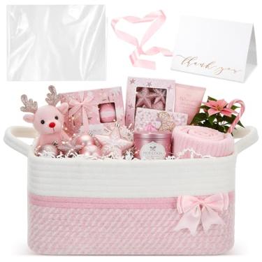 Imagem de Colingmill Cesta de presente de Natal com enchimento de papel, saco, fita, cartão, 35,5 x 25,4 x 15,2 cm, cesta de tecido vazia, caixa de presente para mulheres, homens, aniversário, ação de graças