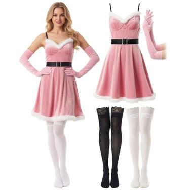 Imagem de Haysandy 4 peças de vestido com suspensório de Natal, fantasia feminina com suspensório de veludo dourado, luvas de veludo, meias para o Natal, rosa, M