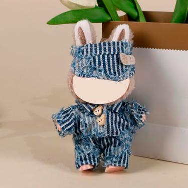 Imagem de Compatível com Labubu (sem boneca) - Conjunto de jaqueta jeans listrada azul e boné com decoração de botões, roupa para bonecas de pelúcia de 15 cm/17 cm (jaqueta + boné