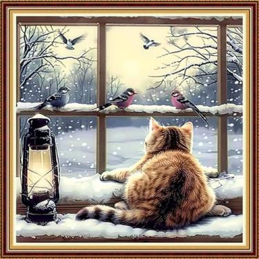 Imagem de DMCVIVR Kits de ponto cruz estampado para adultos iniciantes kits de bordado 11CT kits de ponto cruz padrões de bordado - peitoril da janela gato caça pássaros 45,7 x 45,7 cm