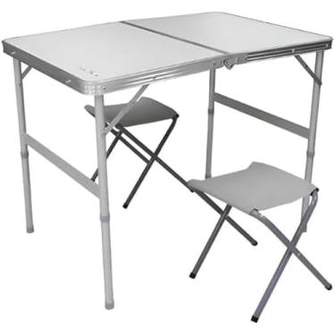 Imagem de Mesa Dobrável Tipo Maleta com 2 Banquetas, Alumínio e MDF Aluminizado, Branca, 90x60x70cm, Portátil para Camping, Praia e Piquenique