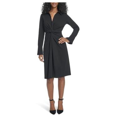 Imagem de Calvin Klein Vestido feminino de manga comprida com decote em V crepe torcido na frente, Preto, 42