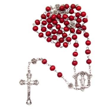 Imagem de Rosário católico com aroma de rosa, contas de madeira vermelha de 7 mm, cruz prateada, 48 cm