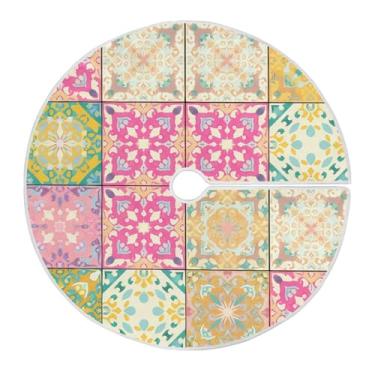 Imagem de Blueangle Saia de árvore de Natal com azulejos vintage coloridos de 120 cm - poliéster macio e resistente a rugas, decoração de férias para festas de Natal, árvore festiva e decoração de casa (509)