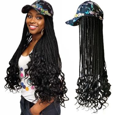 Imagem de ELVAELFI Glam Cap com 61 cm caixa de extensões de cabelo tranças de crochê com pontas encaracoladas, perucas sintéticas respiráveis, ajuste ajustável