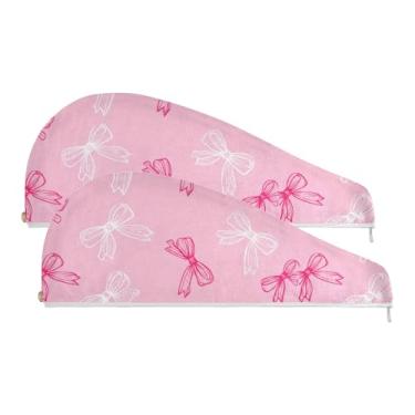 Imagem de SEHANY Linda toalha de cabelo de microfibra com laço rosa para mulheres, 2 peças, turbantes de cabelo de secagem rápida com botão, touca de cabelo seco absorvente toalha de secagem de cabelo para