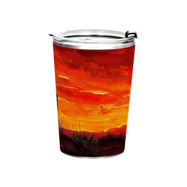 Imagem de Blueangle Copo de 340 g com tampa e canudo, copo de café com água isolada a vácuo de aço inoxidável, caneca de viagem de paisagem de cacto, copo térmico para bebidas quentes e frias (609)