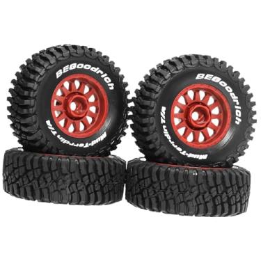 Imagem de oshhni Conjunto de 4 pneus de caminhão RC, acessórios de reposição para upgrade, peças de fácil instalação, cubos de roda universais para escala 1:14 e 1:16, Vermelho