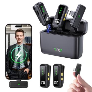 Imagem de Microfone de lapela sem fio com cancelamento de ruído, mini microfone de lapela USB-C Plug and Play, com clipe de LED, pacote com 2, ideal para criador de conteúdo, gravação de vídeo, vlogging