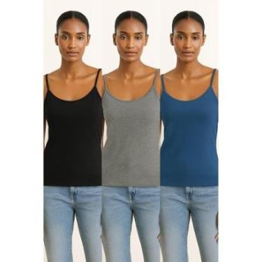 Imagem de Kit Com 3 Regata Alcinha D Bell Outlet Fashion Basica Preta/Cinza/Azul-Feminino