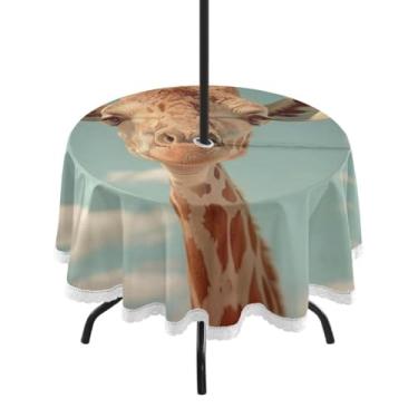 Imagem de ATTX Toalha de mesa redonda Giraffe's Outdoor – 152 cm, impermeável, à prova de derramamento, uso interno/externo, com orifício para guarda-chuva com zíper para acampamento, piquenique, praia, festa