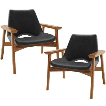Imagem de Kit 02 Poltronas Decorativa Para Sala De Estar Living Base Madeira Becker L02 Couríssimo Preto - Lyam Decor