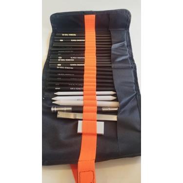 Imagem de Kit de Desenho Profissional com 26 Peças, Lápis de Grafite 2H a 10B, Lápis de Carvão, Esfuminhos, Estojo de Tecido com Fecho Laranja para Arte e Esboço