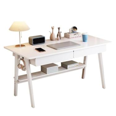 Imagem de Mesa de computador, mesa de estudo de madeira maciça com 2 gavetas grandes, 2 ganchos laterais, suporte de armazenamento, mesa de laptop de madeira, mesa de trabalho, mesa de escritório em casa para
