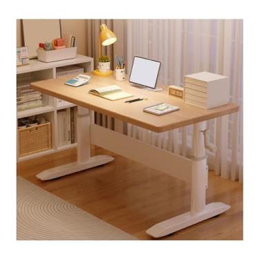 Imagem de HGTRH Mesa de pé ajustável, mesa ajustável em altura com ajuste de altura de 23,6 a 33,4 polegadas de madeira maciça, pernas de mesa em forma de I, vigas reforçadas, fácil de instalar, cor de madeira