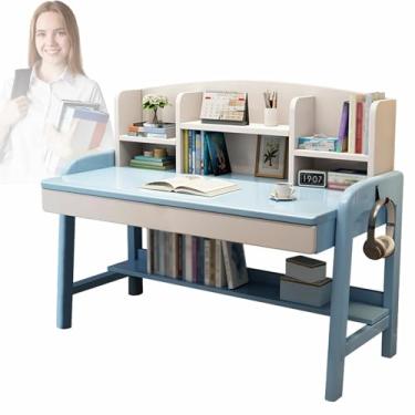 Imagem de Mesa de madeira Soild para computador com cabana, mesa de trabalho de escritório em casa com prateleiras de gaveta, mesa de escritório em casa, mesa de estudo, para espaço pequeno, laptop, computador