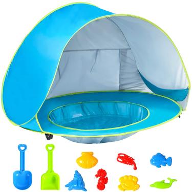 Imagem de Barraca de praia para bebê GKPLY com piscina, barracas de praia pop-up para crianças pequenas ou infantil, barraca de proteção solar para bebês com proteção UV (azul)(Azul com brinquedos)