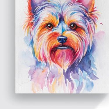 Imagem de quadro decorativo canvas cachorro yorkshire aquarela colorida arte moderna parede 100x80 cm decoracao pet impressão em tela moldura elegante