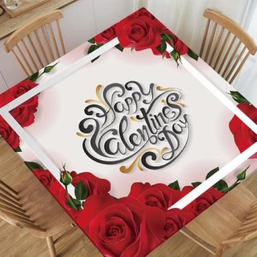 Imagem de XUEBUXI Toalha de mesa quadrada à prova d'água rosa vermelha com borda elástica para reuniões, flores, adequada para mesa quadrada de 61 cm x 61 cm, estilo 112