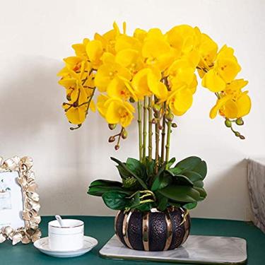 Imagem de LMJYU Orquídeas artificiais Phalaenopsis flores com arranjo de vaso, flor sintética bonsai borboleta orquídea para decoração de casamento, roxo bonito artificial Fl