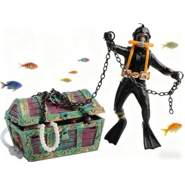 Imagem de Civore Enfeite de ação de aquário de resina, baú de tesouro submarino com mergulhador, decoração aeradora de ação ao vivo para aquário de peixes