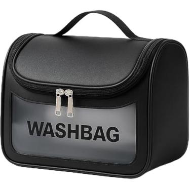 Imagem de Necessaire Transparente Viagem Bolsa Ideal para Cosméticos Maquiagem Higiene Pessoal Fechamento com Zíper Fácil Acesso Design Moderno Funcional Impermeável (Preto)