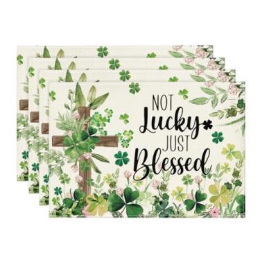 Imagem de Artoid Mode Cross Shamrocks Jogo americano de Dia de São Patrício, conjunto de 4, tapetes de mesa florais sazonais de primavera de 30 x 45 cm para decoração de festa, cozinha, jantar