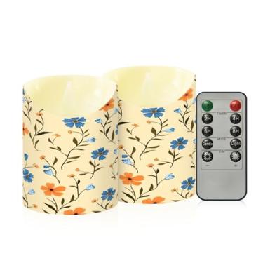 Imagem de Wassud Velas sem chama de flores azuis e laranjas com controle remoto, velas realistas cintilantes com temporizador, velas decorativas para Natal, casamento, festa, decoração de casa pequenas