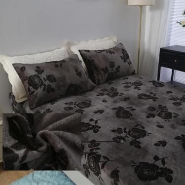 Imagem de MAG Jogo de cama casal casal com 3 peças de lã rosa preta e flanela, floral de microfibra, romântico, fofo, quente, supermacio, para mulheres e homens, com 1 lençol com elástico + 2 fronhas.