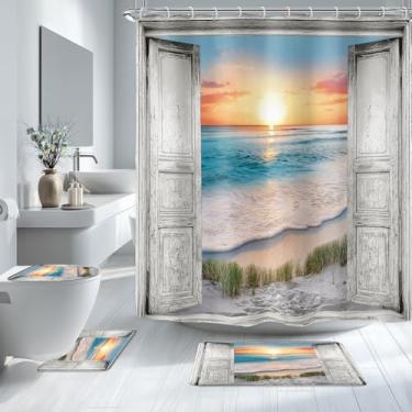 Imagem de Riyidecor Conjunto de 4 peças de cortina de chuveiro de banheiro com porta de celeiro branco, 4 peças, pôr-do-sol náutico, conjunto de decoração de banheiro de madeira com tapetes e acessórios tapete