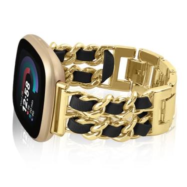 Imagem de Alociaga Pulseira feminina de metal compatível com Fitbit Versa 4/Sense 2/Versa 3/Sense, pulseira de metal com couro para smartwatch Fitbit