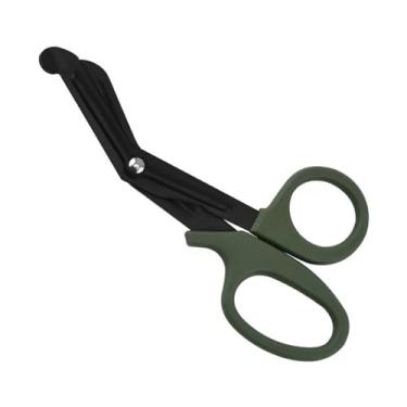 Imagem de 1 tesoura multifuncional tática compacta com aderência ambidestro, corta folhas de ferro finas e tecido para uso ao ar livre, verde-exército