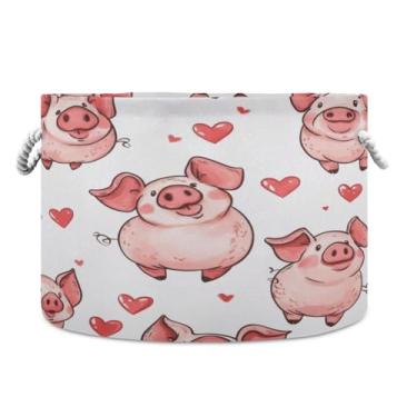 Imagem de JUZIHAI Cesto de armazenamento grande Funny Love Pigs, cesto de roupa suja dobrável à prova d'água com alças de corda de algodão para organização doméstica no quarto, banheiro e carro