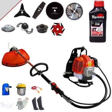 Imagem de Cortador de Grama Costal Terra 43cc 1,7HP C/ Carretel + Facas 2 Pontas, 3 Pontas, 6 Pontas, 40 Dentes, 80 Dentes, Trimmer e Escova + Óleo Toyama + EPI